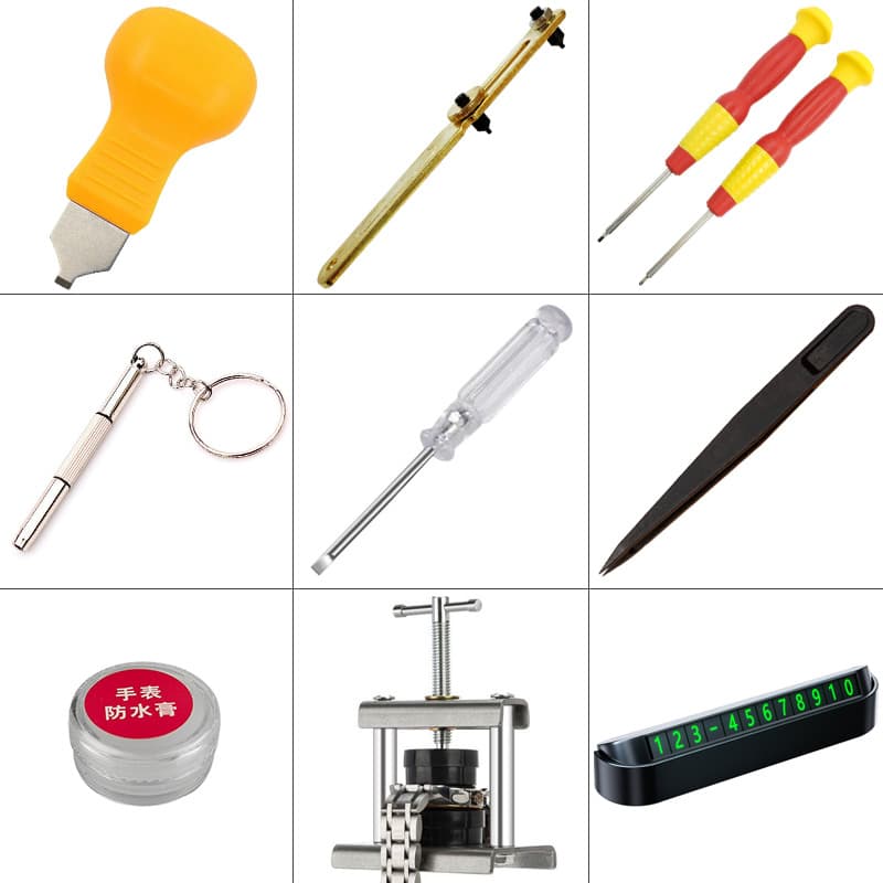 Watch repair and battery replacement tools: pry tool, two-jaw screwdriver, tweezers, waterproofing grease, cap press.