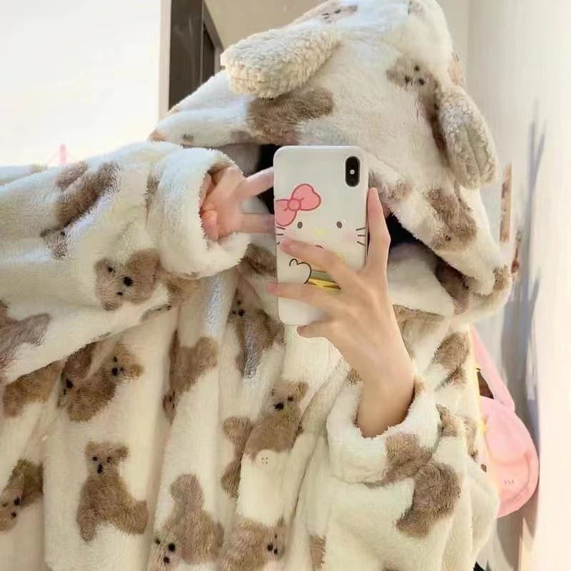 New Fall/Winter Women's Sleepwear Coral Fleece Warm Cartoon Cute Bear Plush Thickened Hooded Robe Cross-Border
