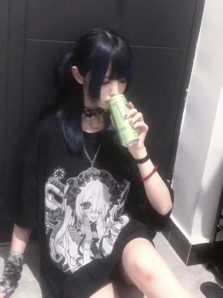 Japanese Cartoon Print Y2k T-shirts Women Harajuku Summer Ca