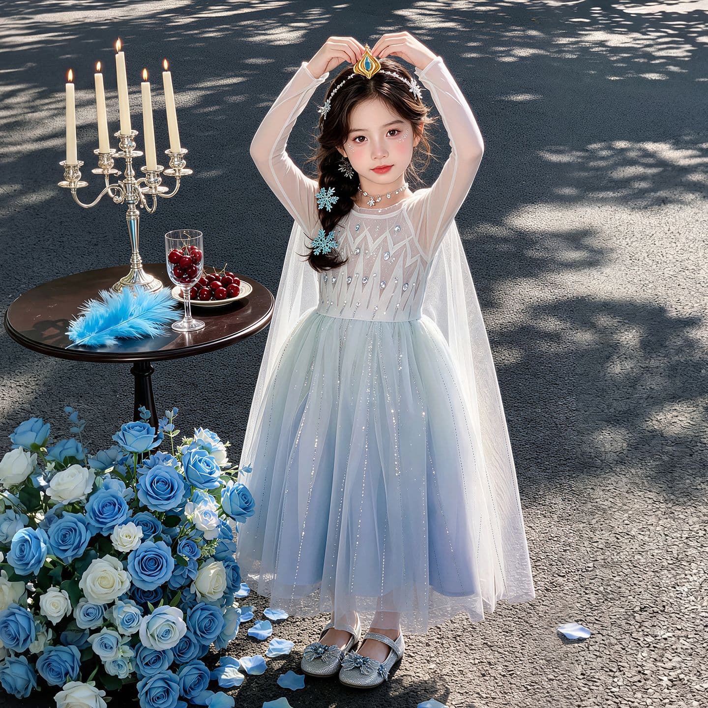 2026 New Girls Elsa Dress Frozen Princess Dress Fairy Dress Mesh Cape High-End Birthday Gown