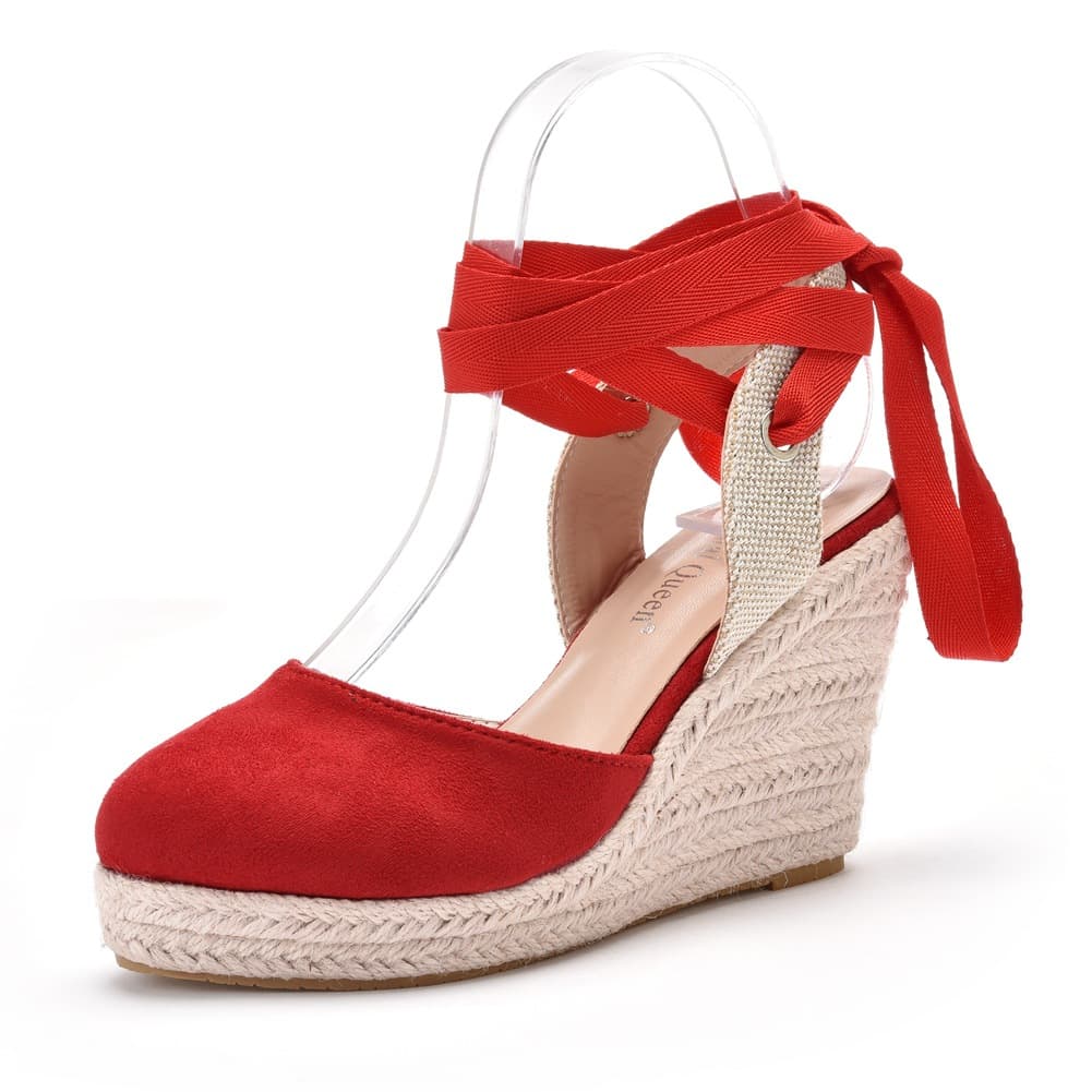 Bohemian Round Toe Platform Wedge Sandals Roman Lace-Up High Heel Sandals Hollow Out Summer Straw Sandals for Women