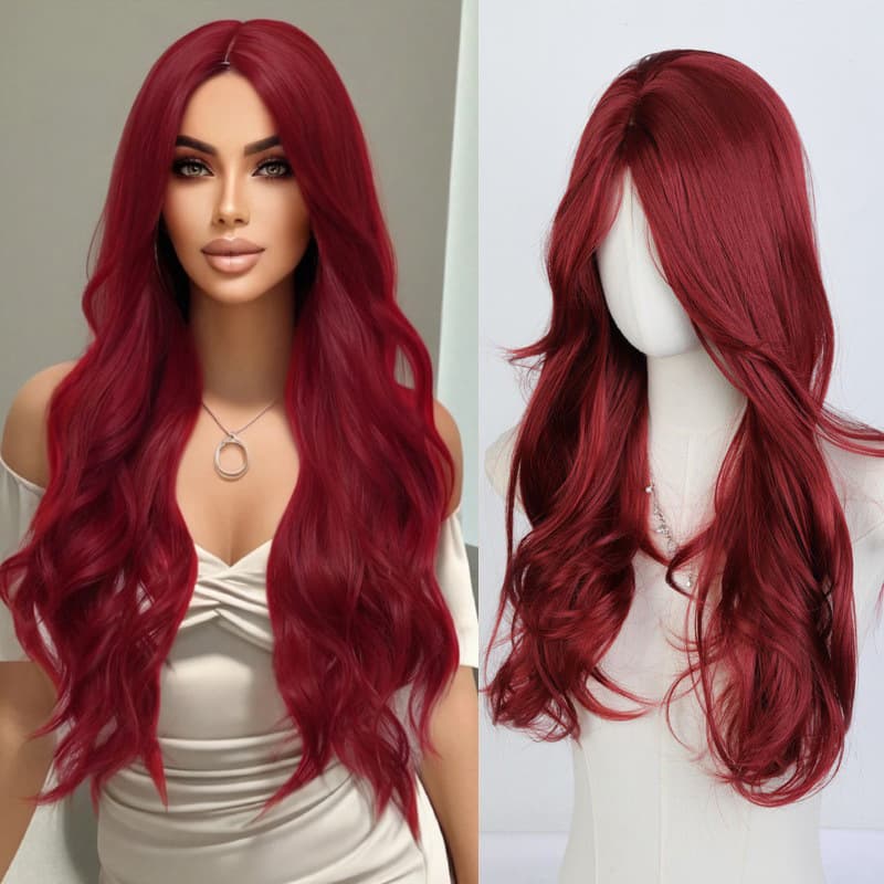 Women's Wavy Curly Red Hair Wig Synthetic Hair Raspberry Red Center Part Large Wave Long Curly Wig