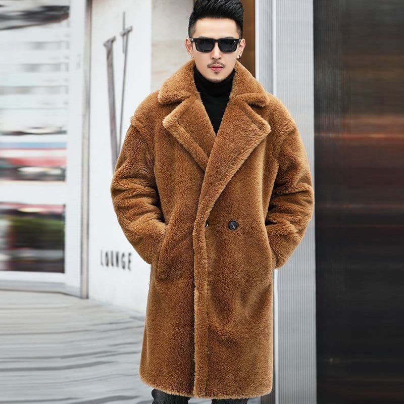 2026 Winter New Thickened Sheepskin Men's Long Trench Coat Over-the-Knee Warm Faux Fur Outerwear