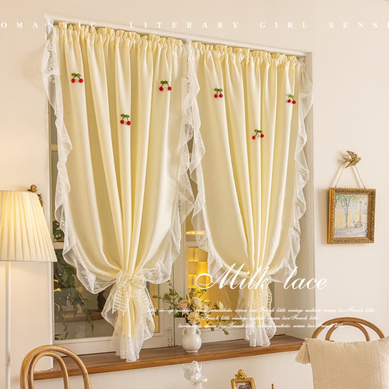 French Cream Style Lace Curtain with Ruffled Hem, Princess Girl Curtain, No-Drill Bay Window Door Curtain Room Divider Short Curtain