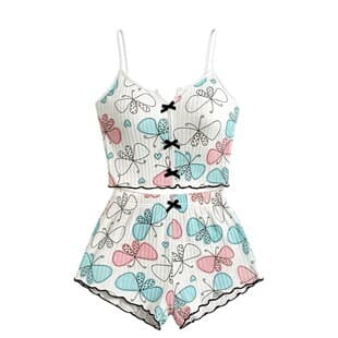 Amazon New Heart Print Camisole Pajama Set, Cross-Border Contrast Placket Split Women's Loungewear Set