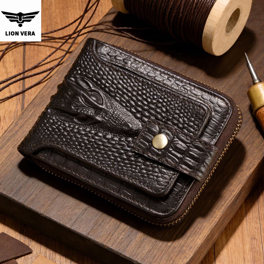 Lionvera Men's Genuine Leather Crocodile Pattern First-Layer Cowhide Zipper Wallet Horizontal Style Thickened Photo Album Anti-Theft Wallet