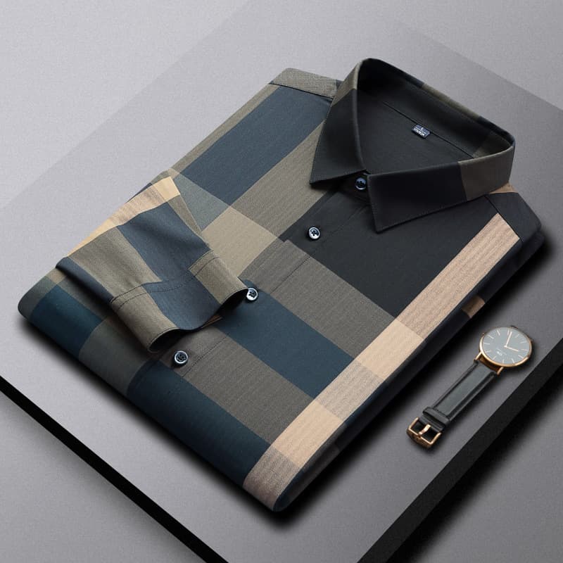 Alihu Men's High-End Fashion Plaid Shirt Casual Wrinkle-Free Plaid Striped Long-Sleeved Shirt for Men