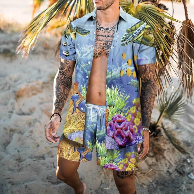 2026 New Men's Hawaiian Beach Travel Shirt Set Men's 3D Printed Short Sleeve Shirt Beach Pants Set