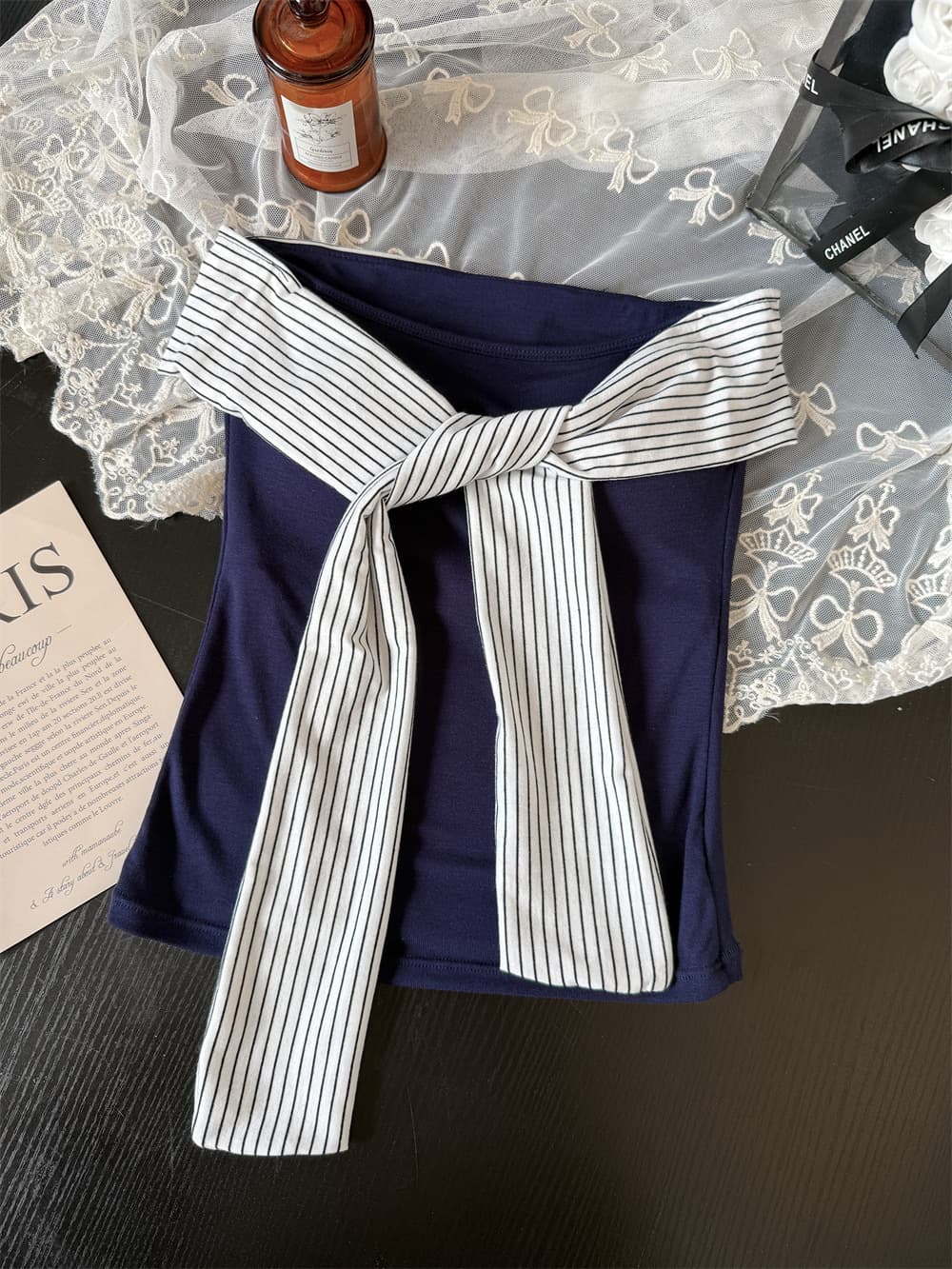 6139# Vintage Striped Lace-up Corset Camisole Sexy Off-shoulder Slim Fit Short Sleeveless Top