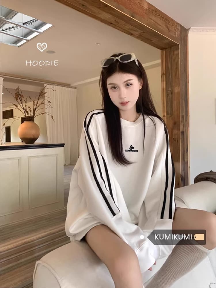 Spring Autumn 2024 Women's Hoodie American Splicing Weave Belt College Style Small Size Shoulder Insert Long Sleeve Top Coat