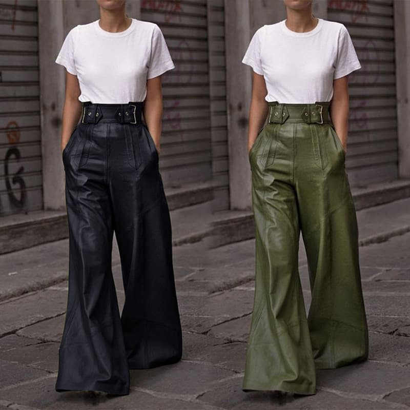 Fashionable High-Waisted Loose-Fit PU Leather Pants For Women Casual Trousers With Bell Bottom From Amazon Cross-Border Trade