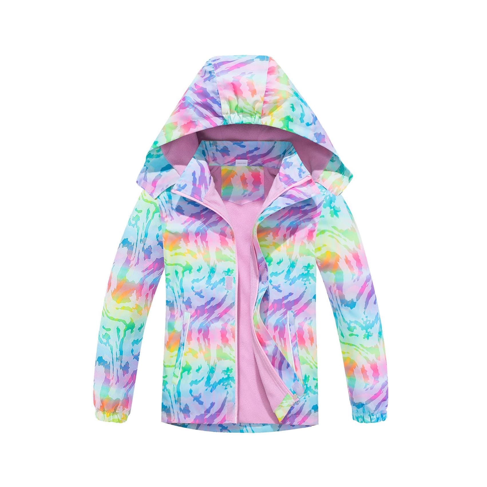 Girls' Autumn/Winter New Style Hoodless Zip-up Sweater with Rainbow Gradient 3D Digital Print, Outdoor Waterproof Breathable Warm Windbreaker