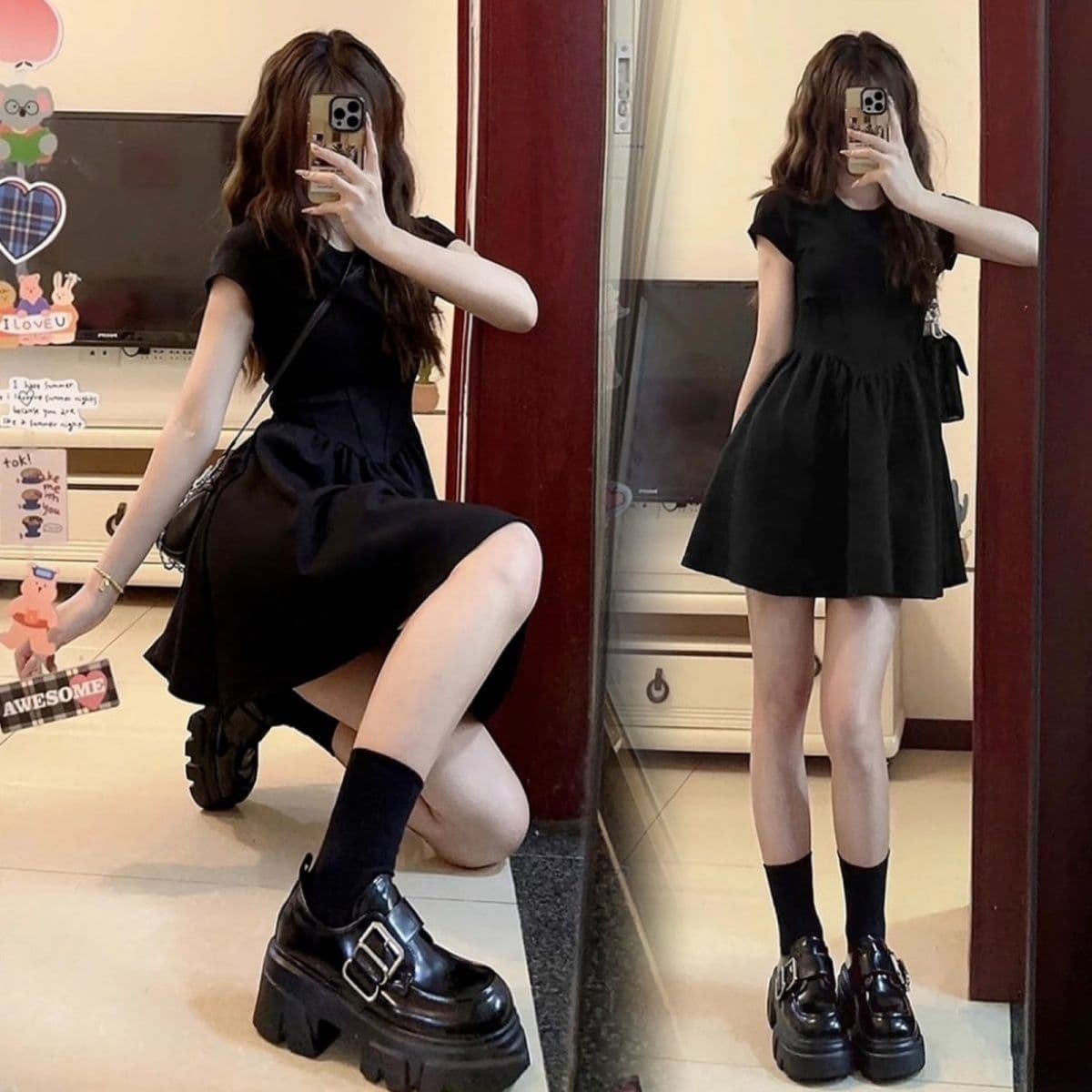 Small black Hepburn style short-sleeved dress for women 2025 new summer French style waist-cinching A-line skirt