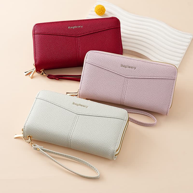 2025 cross-border temperament simple long double-pull women's wallet large capacity litchi pattern multi-card slot wallet clutch