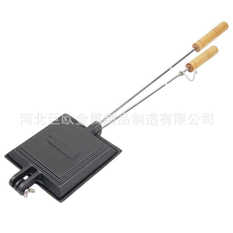 Square Cast Iron Sandwich Grill Pan with Wooden Handle for Outdoor Camping
