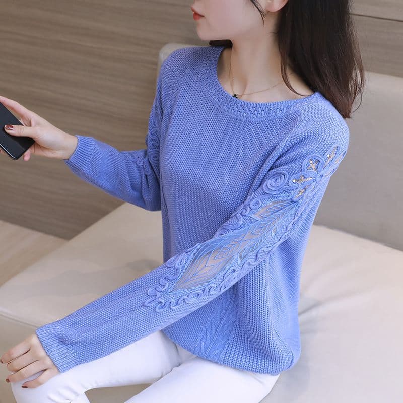 Lace openwork base layer sweater women's spring new loose long sleeve knit top round neck sweater