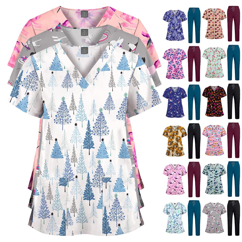 Hot selling new printed hand wash clothes solid color pants suit nurse uniform doctor hospital clinic work clothes two-piece set