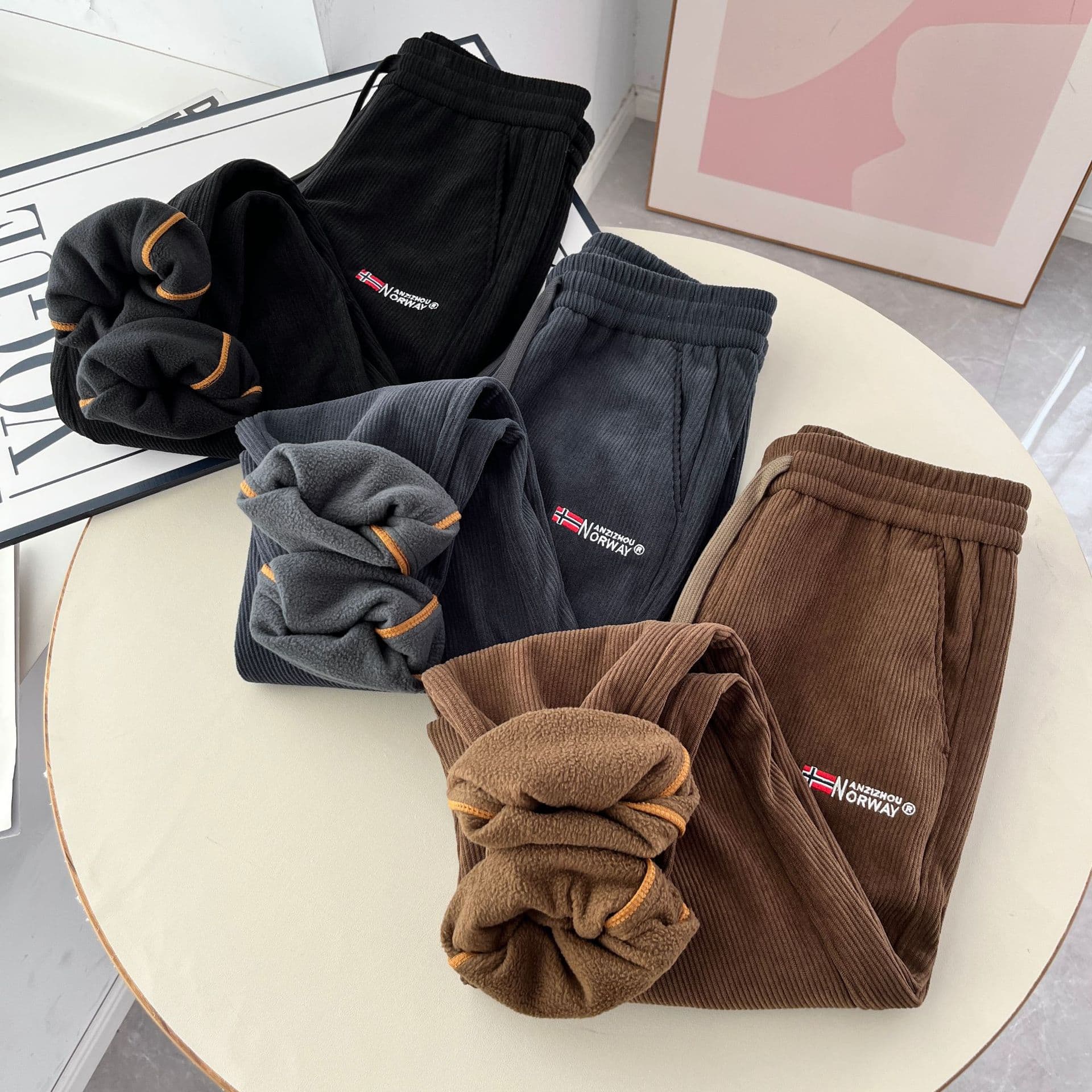 Nordic Norway Cow Pants! Fleece-Lined Thickened! Foreign Trade Men's Winter Casual Versatile Elastic Waist Cuffed Sweatpants