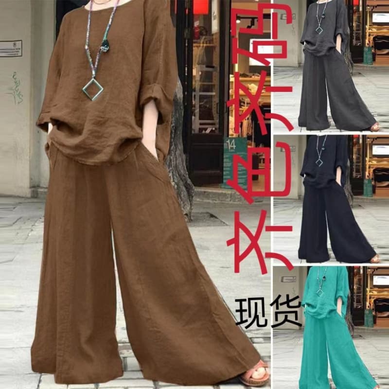2026 European and American street style two-piece cross-border loose mid-sleeve top and high-waisted straight wide-leg pants set