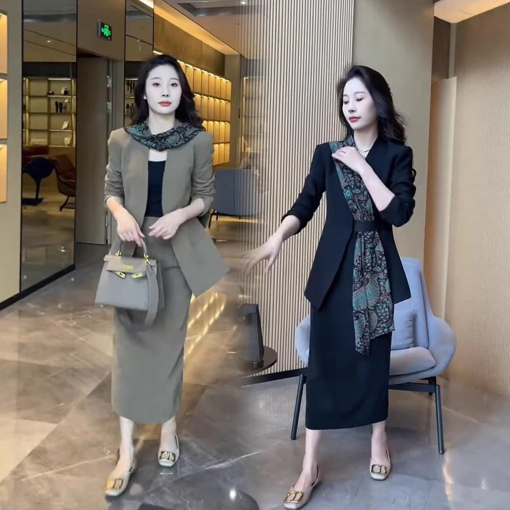 3022 plus size women's commuting fashion suit for fat mm design sense ribbon suit half skirt OL slimming two-piece set