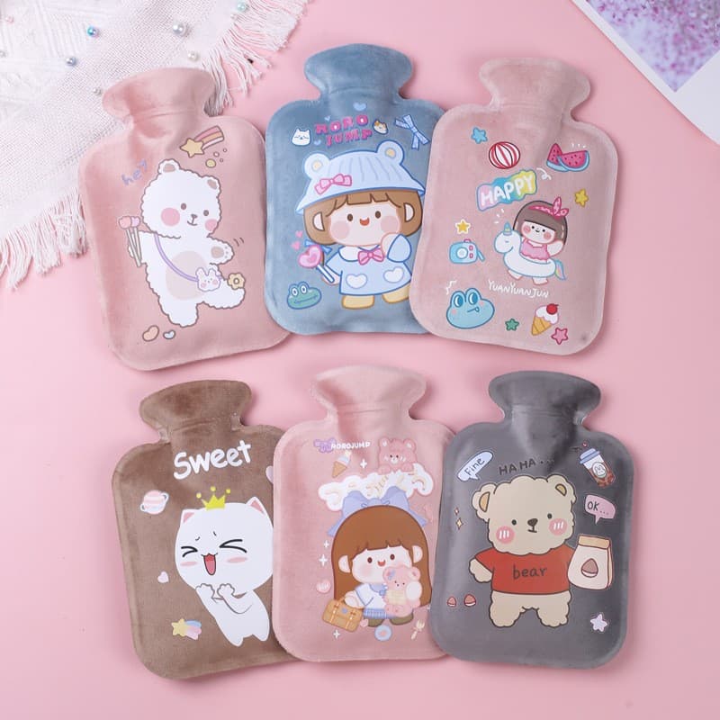 Custom short plush hot water bags, fillable warmers with printed logo