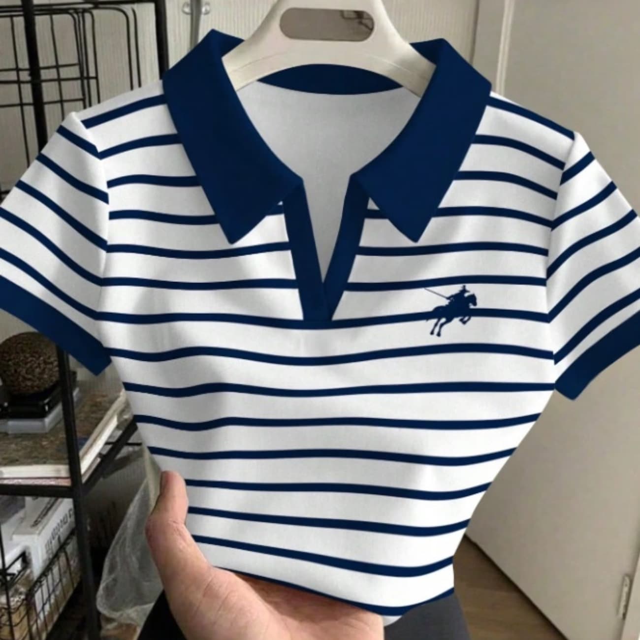 Cross-border blue and white striped collared unbuttoned polo shirt with pony logo digital print and contrasting color design slim fit and slimming look