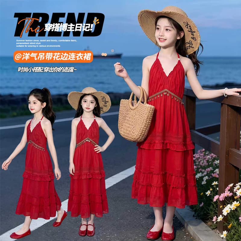 Girls Red Dress Summer 2026 New Fashionable Children's Spaghetti Strap Maxi Dress for Older Girls Unique and Beautiful