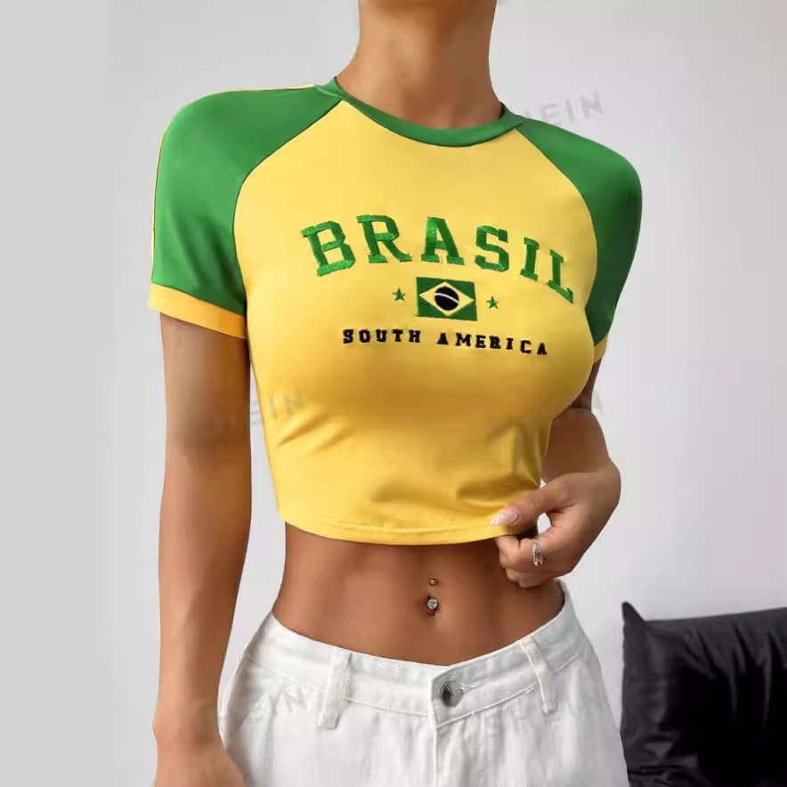 Cross-border European and American Style New 2024 Letter Color-Block Regular Shoulder Short-Sleeve T-Shirt Summer Crop Top Fashionable Personalized Women's Top
