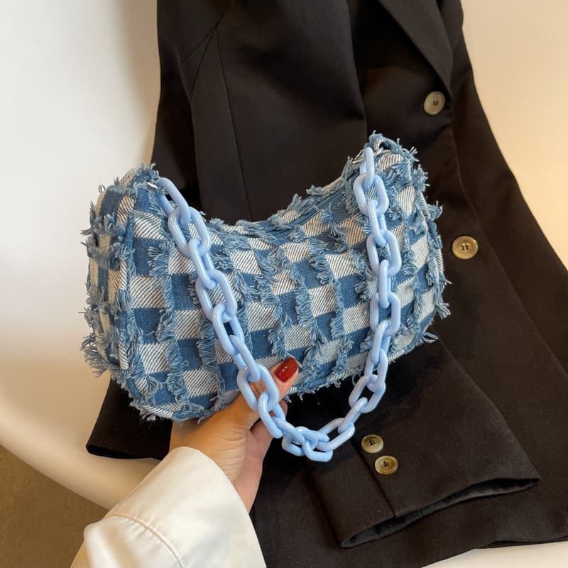 Retro messenger bag for women ins Japanese and Korean fashion simple denim canvas bag checkerboard chain portable shoulder bag trendy