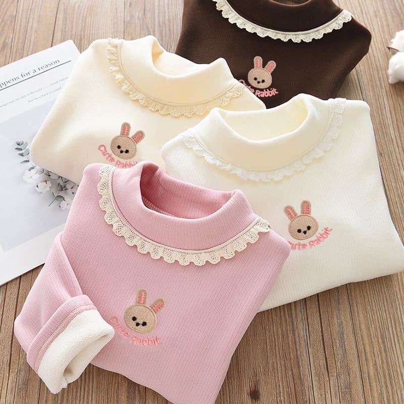 Girls Fleece Lined Base Layer Top 2024 Autumn Winter New Girls Baby Lace Trim Warm T-Shirt Children Versatile Fleece Shirt Wholesale