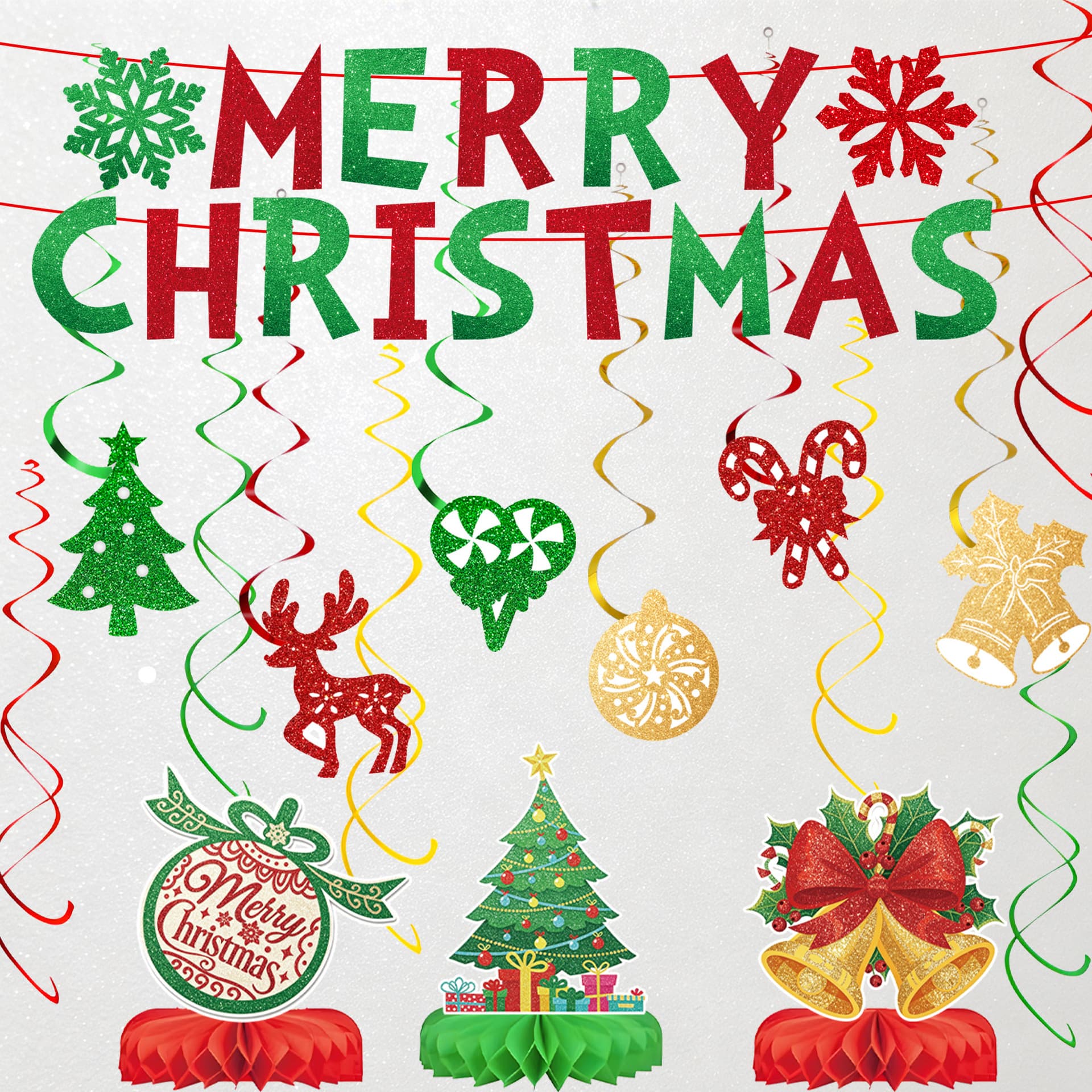 Merry Christmas Red and Green Christmas Party Decoration Pull Flag Honeycomb Hanging Decoration Paper Flower Ball Set
