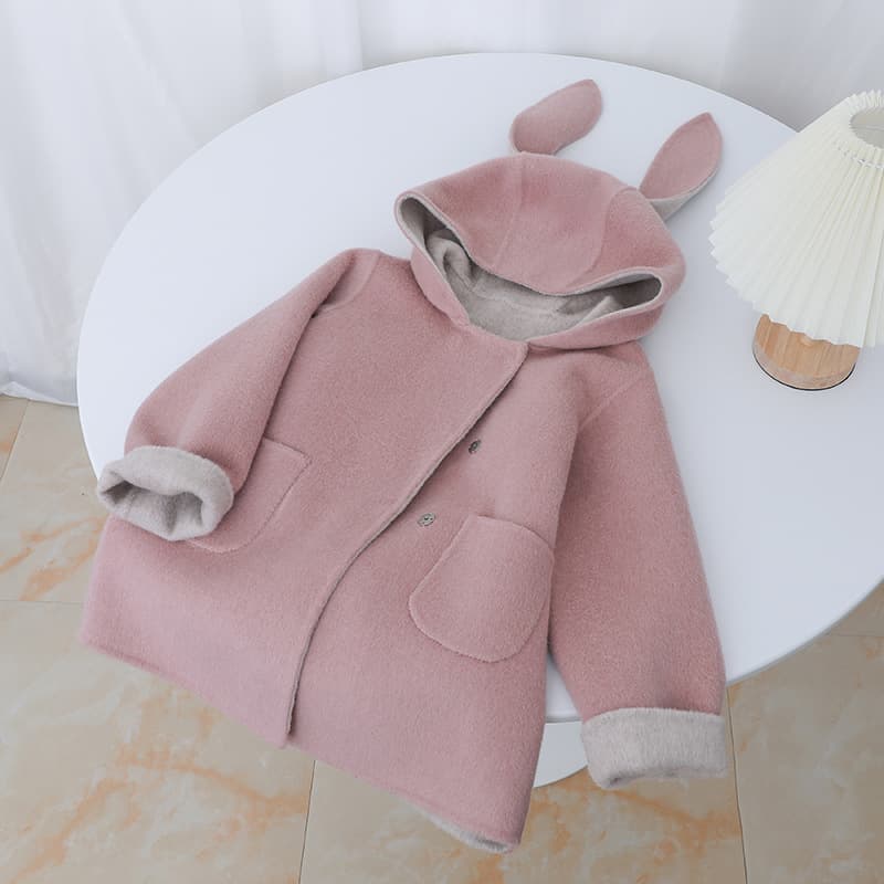 2025 Children's Double-Faced Wool Coat Pink Kids' Coat with Bunny Ears Cartoon Short Style Tail Wool Outerwear