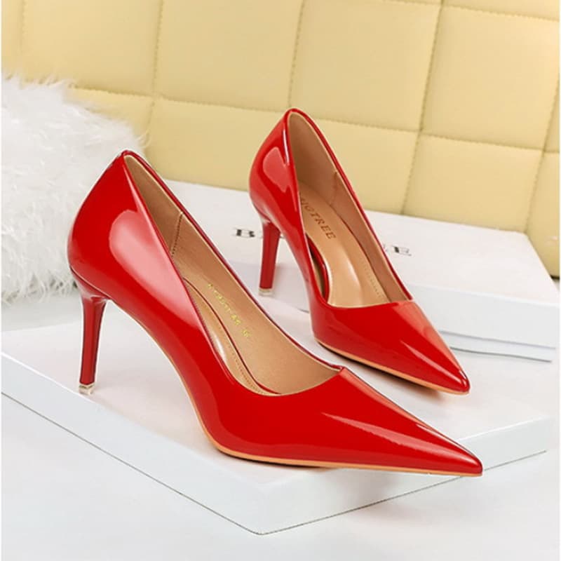 High Heel Shiny Patent Leather Pointed Toe Women's Pumps, European and American Style Simple Thin Heel, Cross-border Large Size