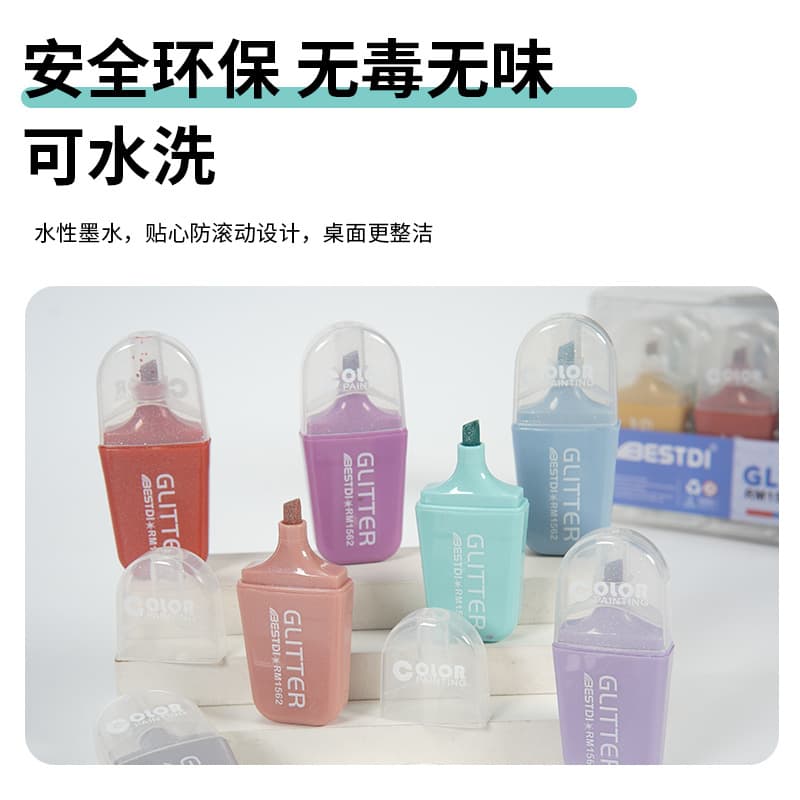 Mini Glitter Highlighter Macaron Color Set 6/8 Colors PVC Box Pack Glitter Pen Mini Highlighter Wholesale