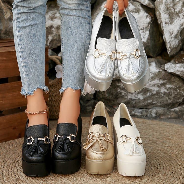 2025 Spring/Summer Leather Shoes Comfortable Women's Shoes Spring/Autumn Waterproof Platform Chunky Heel New Style High Heel Women's Single Shoes Plus Size Cross-border