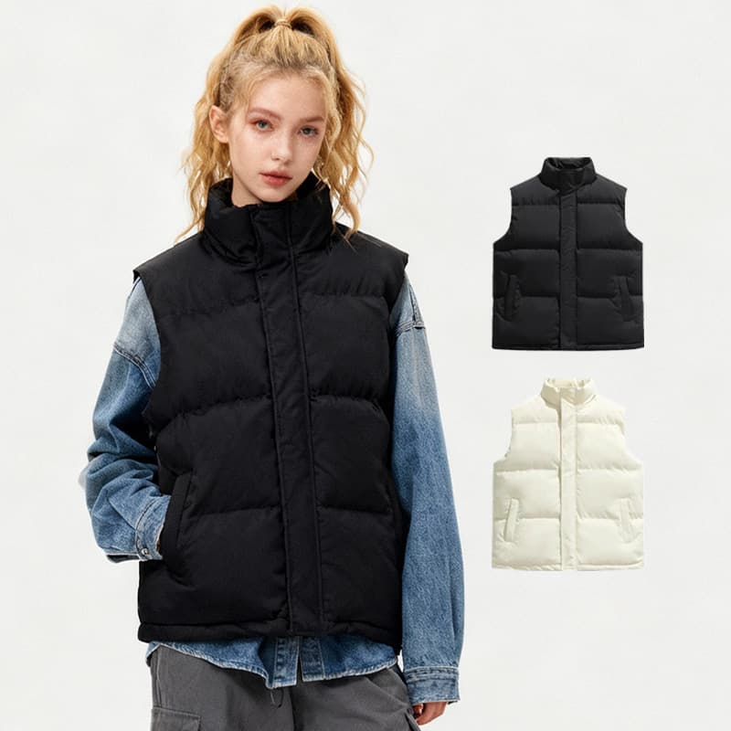 Autumn/Winter Women's Vest 420g Solid Color Simple Stand Collar Cotton Coat Outerwear with Zipper Front Warm Cotton Jacket