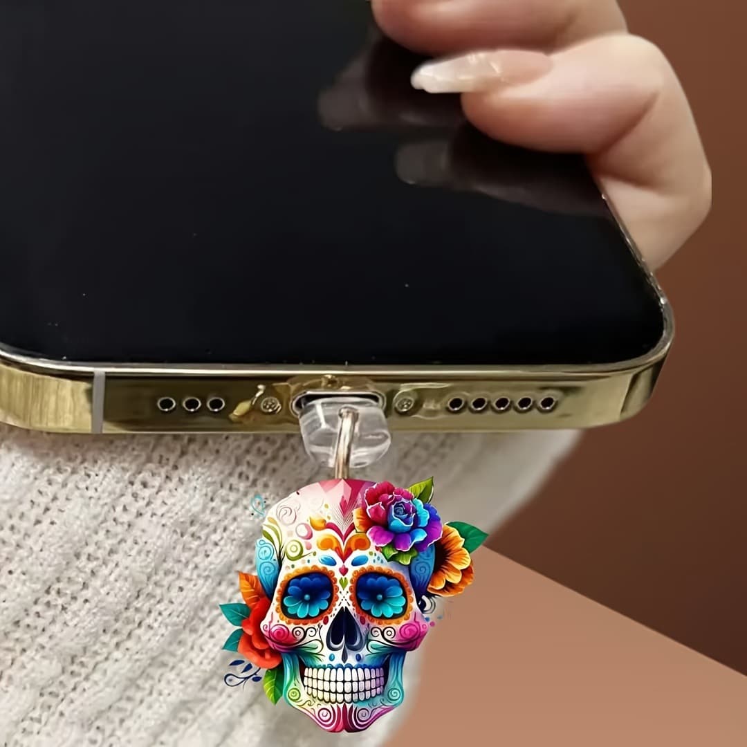 2D Floral Skull Design - Acrylic Phone Dust Plug - For Type-C and