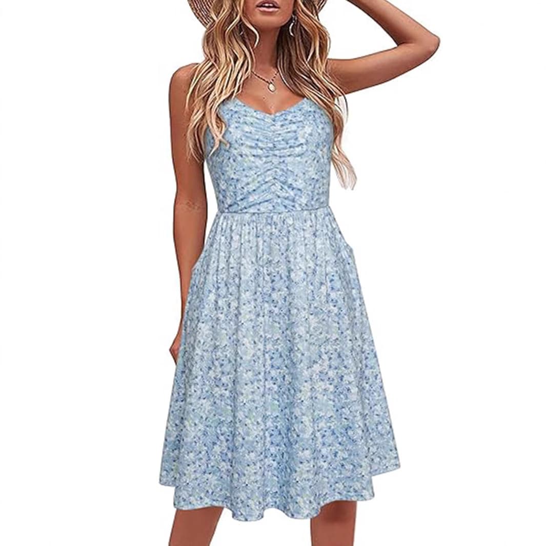 Amazon Cross-border Independent Station TEMU Europe and America Plus Size Floral Print Mid-Length V-Neck Spaghetti Strap Dress for Women