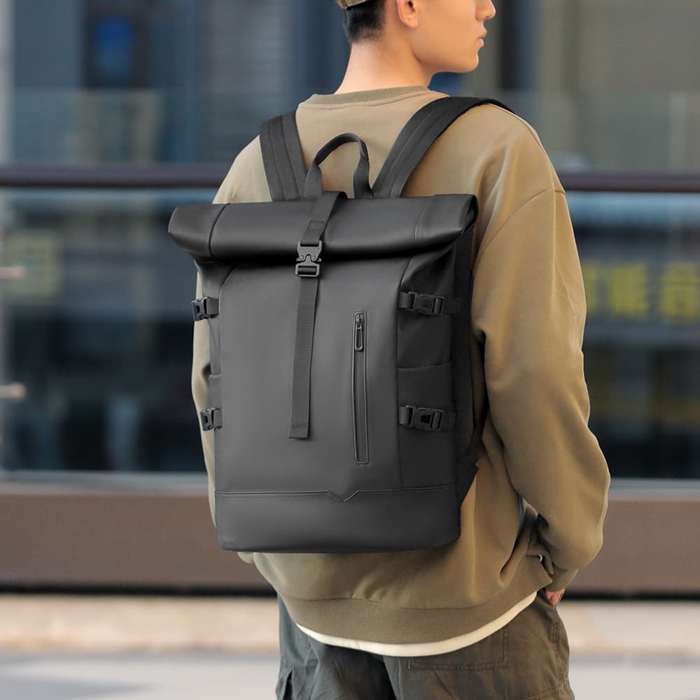 Fashion Trendy Roll Top Backpack Men's Large Capacity Travel Backpack Laptop Bag Men's College Student School Bag Cross-border Wholesale