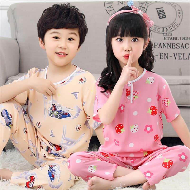 Summer children's cotton silk pajamas, short-sleeved trousers set, thin little girl's boy's pajamas, baby cotton silk home clothes