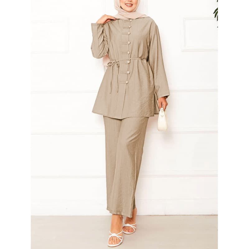 Cross-Border Long-Sleeved Lace-Up Cardigan and Wide-Leg Pants Two-Piece Abaya Suit Elegant Casual Outfit