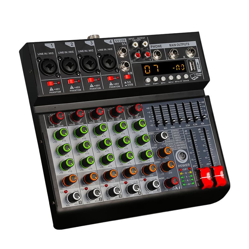 RV6 channel mixer with built-in 99DSP effects, 48V phantom power, sound card for cross-border English live streaming.