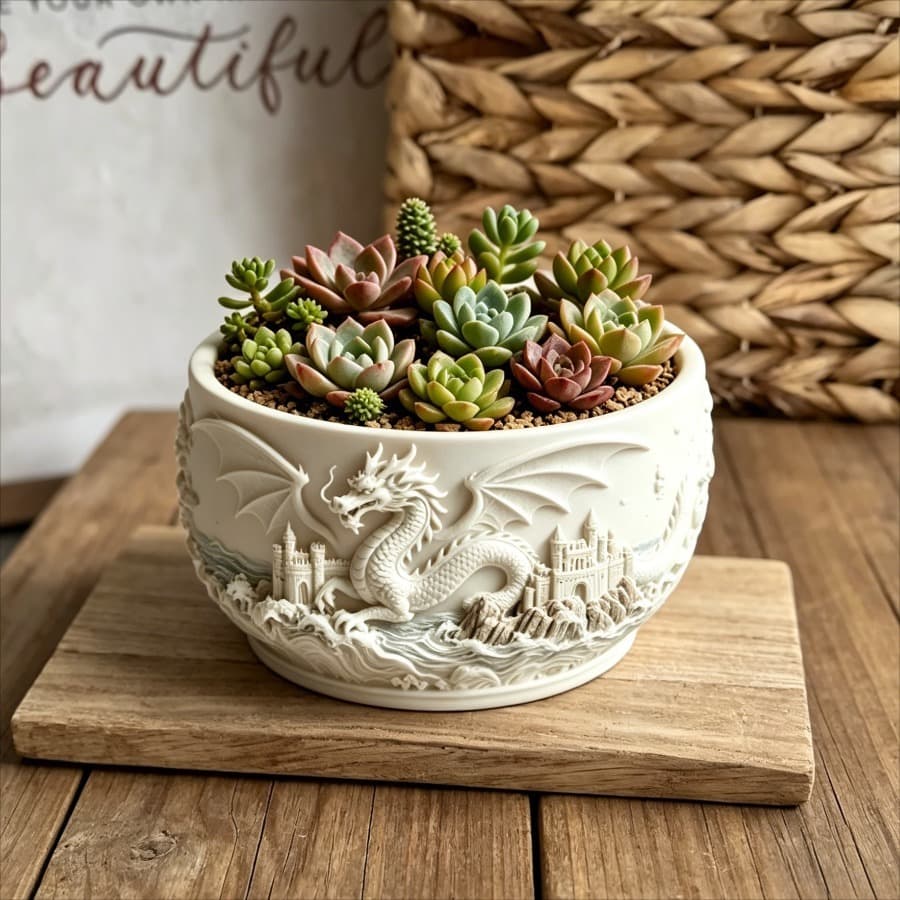 Relief dragon castle flower pot silicone mold resin plaster DIY succulent pot storage container pouring mold