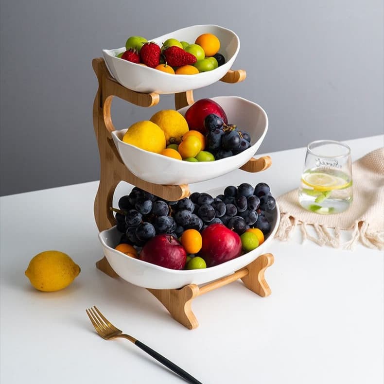 Creative European-style ceramic plastic fruit plate, removable bamboo and wooden rack, multi-layer dessert plate, snack storage rack, practical fruit plate