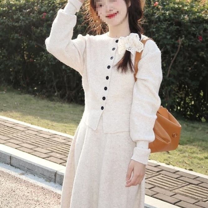 Korean-style Petite Outfit Set: Long-sleeve Knit Dress, New Autumn/Winter Women's Long Dress