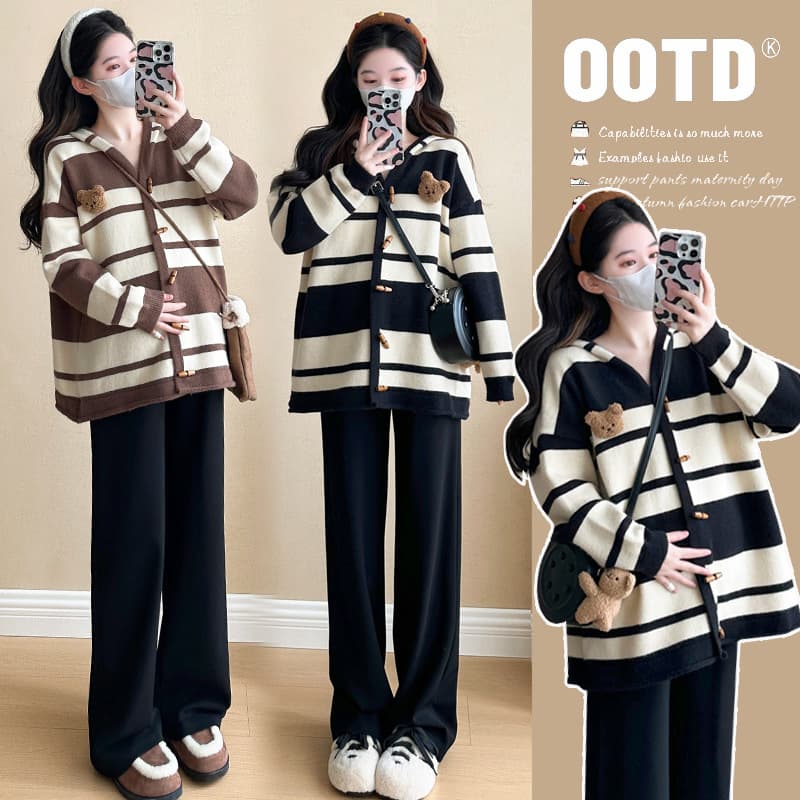 Actual shot of ready-made autumn clothing suit for pregnant women, long-sleeved striped jacket, belly-covering top, two-piece set, large size maternity clothing suit