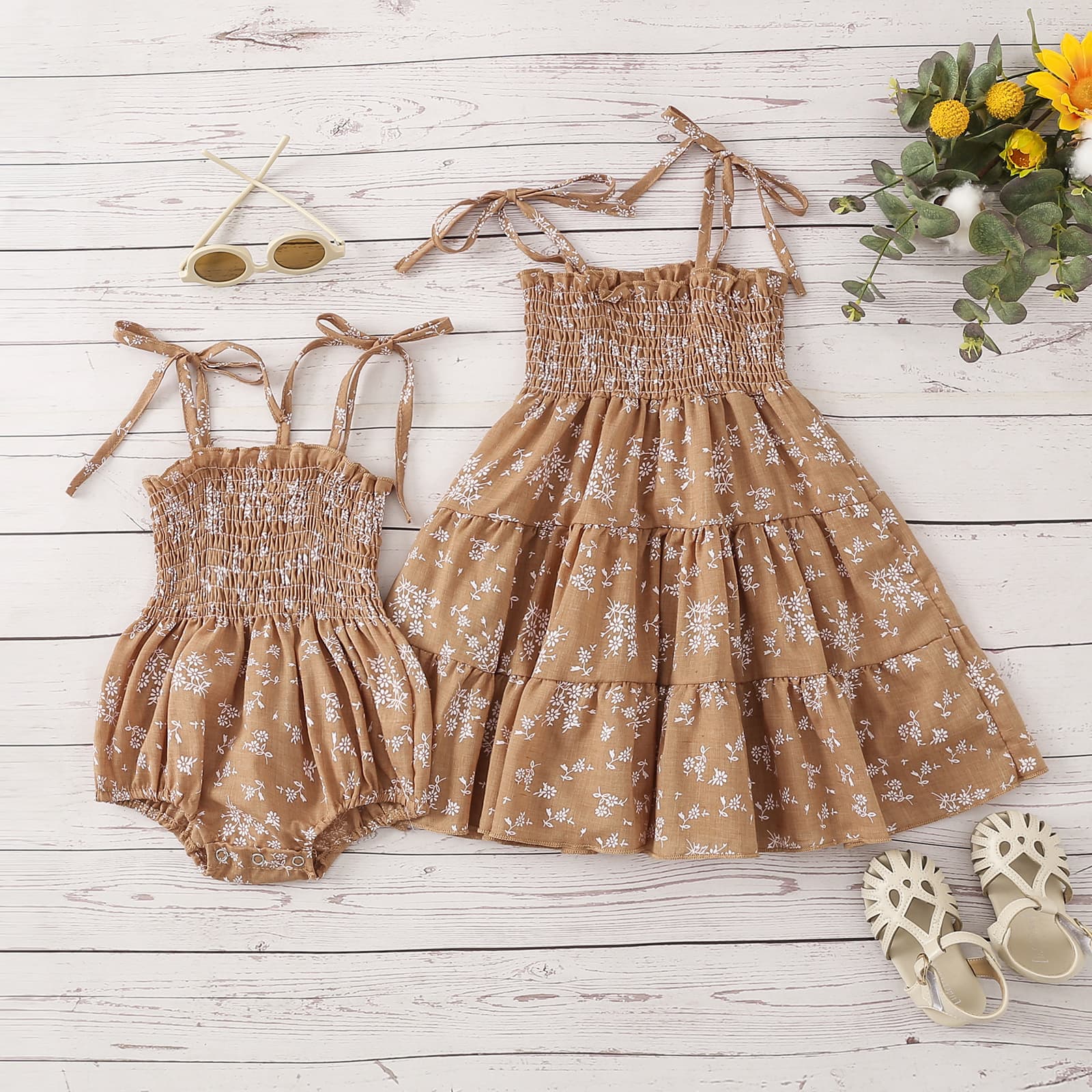 2022 Summer Foreign Trade European and American Sisterhood Dresses and Harnesses Floral Printed Suspender Skirts and Harnesses