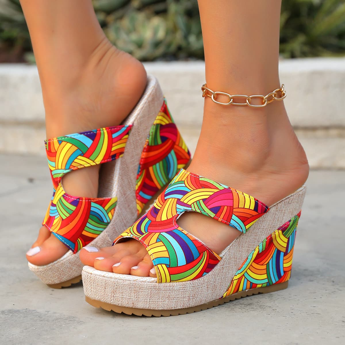 New Summer Colorful Printed Platform Wedge High Heel Peep Toe Beach Casual Vacation Sandals