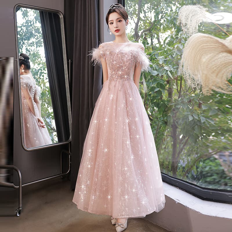 2025 New Women's Evening Gown Pink Prom Princess Dress with Starry Design for Annual Gala, Art Exam, Hosting, 18-Year-Olds