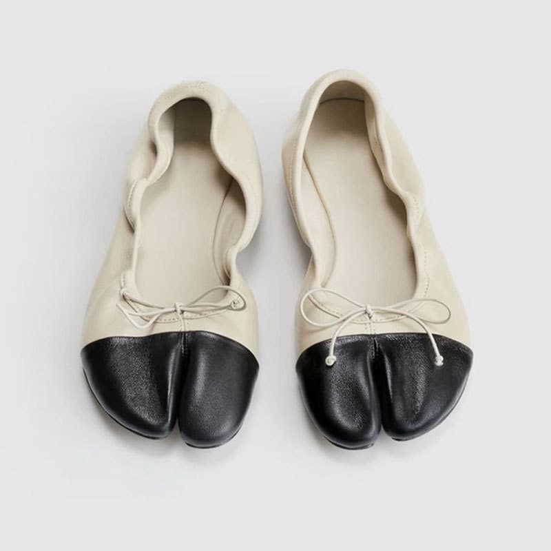 Sheepskin Bow Split-Toe Shoes for Women, Retro Ballet Flats, Low-Cut Grandma Shoes, Slip-On Flats